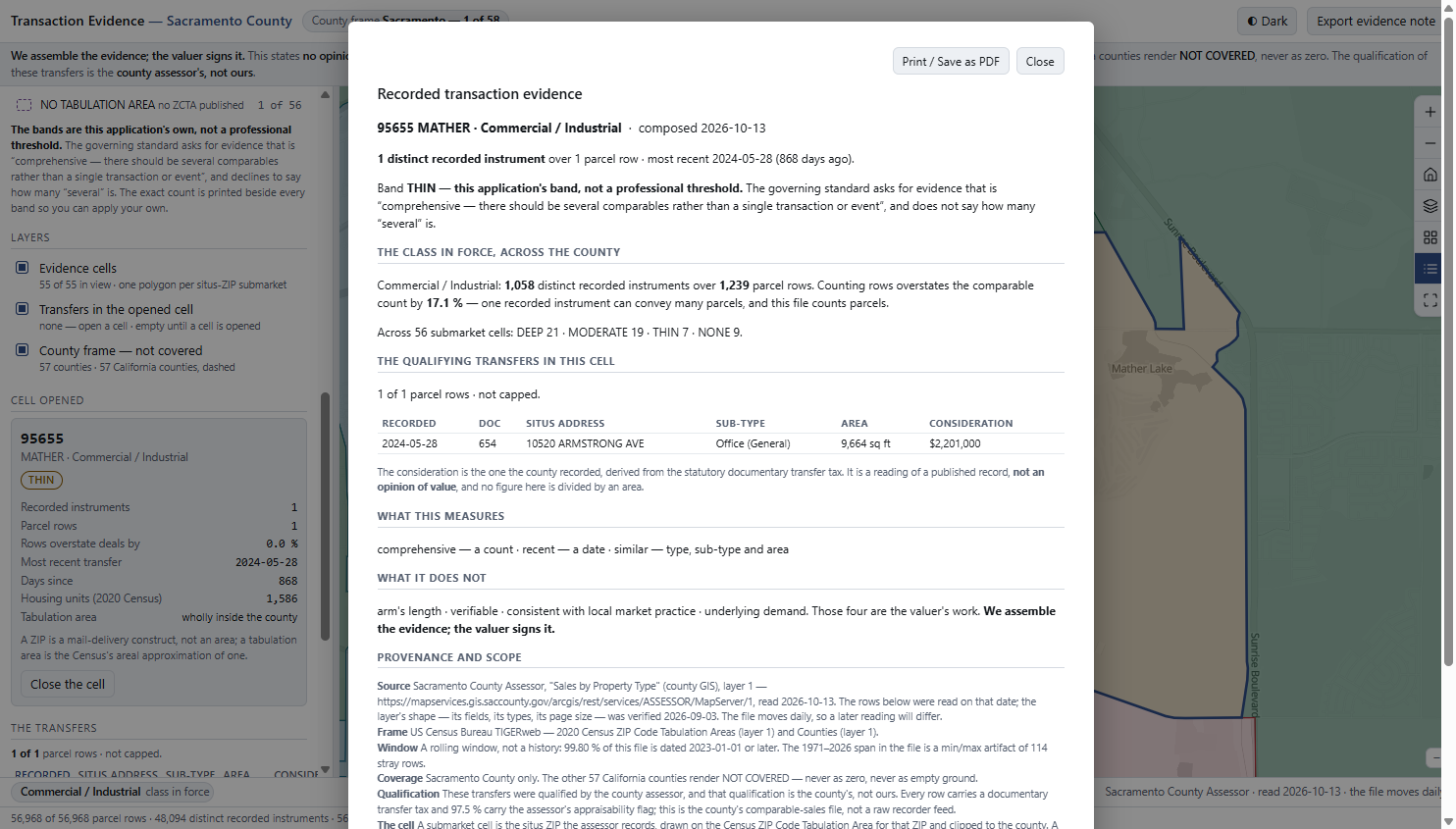The exported evidence note: the submarket, property type and evidence level, the number of sales and parcel records, the qualifying sales with their prices, what was and was not checked, and where the data came from.