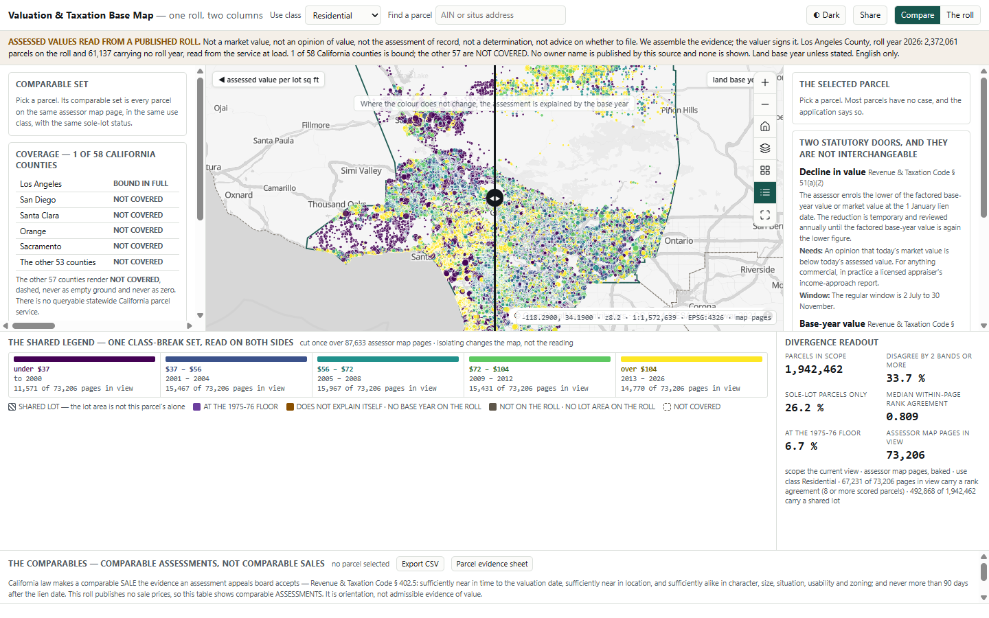 The Valuation and Taxation Base Map when it opens: a notice across the top, the split map over Los Angeles County with the divider at centre, the shared legend below, the list of counties on the left and the summary panel on the right.
